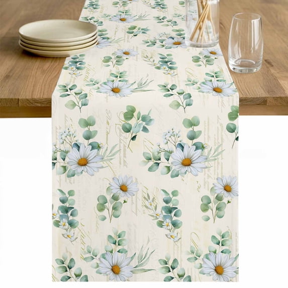 Daisy Table Runner 72 Inches Long Farmhouse Dress Scarves, Spring Floral Eucalyptus Leaves Botanical Beige Dining Tablerunner for Coffee Table/Kitchen Island/Party Décor, 13" x 72"