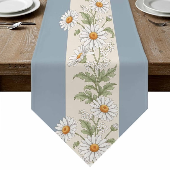 Daisy Table Runner Linen Burlap Table Runner 36 Inches Small Blue Beige Striped Spring Summer Watercolor Flower Dresser Scarves for Kitchen Island Coffee Dining Room Party Wedding Decor 13"x36"