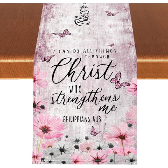 Daisy Table Runner, Pink Farmhouse Retro Daisy Floral Butterfly Rustic Seasonal Holiday Kitchen Dining Table Decoration for Home Party Outdoor Indoor Decor 13x36 inches