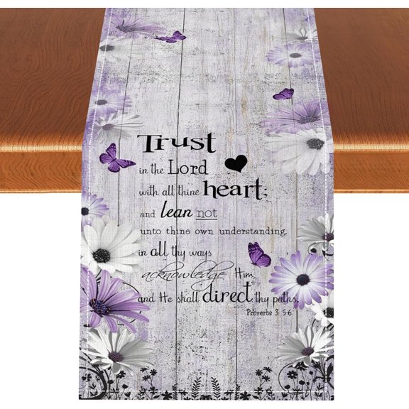 Daisy Table Runner, Purple Farmhouse Retro Daisy Floral Wooden Plank Butterfly Rustic Holiday Kitchen Dining Table Decoration for Home Party Outdoor Indoor Decor 13x36 inches