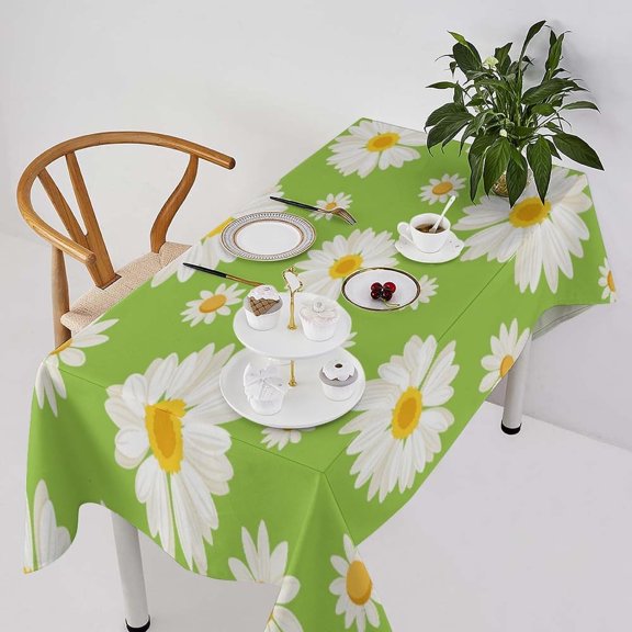 Daisy Tablecloth, Spring Summer Cartoon Floral Green Daisy Flower Table Cover for Kitchen Dining Table Picnic Decor 60x120inch