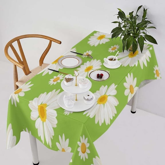 Daisy Tablecloth, Spring Summer Cartoon Floral Green Daisy Flower Table Cover for Kitchen Dining Table Picnic Decor 60x84inch