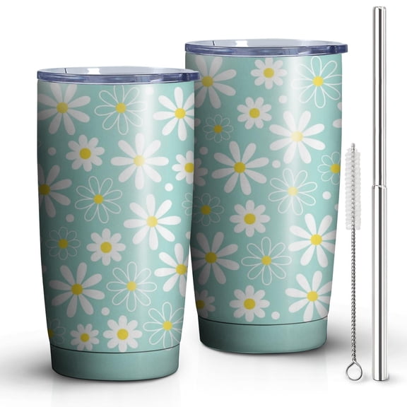 Daisy Teal 20oz Tumbler Stainless Steel Double Wall Vacuum Insulated Coffee Mug Travel Cups for Wife Mom Daughter Sister Friend Coworker, Metal Straws and Brush