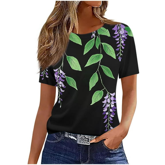 Daisy Tee Shirts for Womens，Floral Print Dressy Shirts Short Sleeve Tops Scooped Neck Tunic Top Business Casual Blosues Summer Basic Boho Dressy Cute Tops 2025