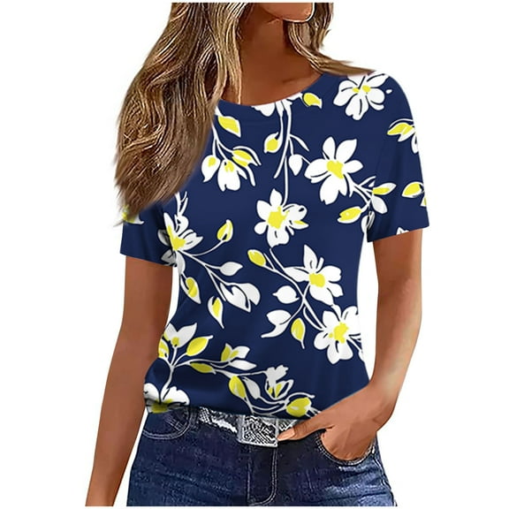 Daisy Tee Shirts for Womens，Floral Print Dressy Shirts Short Sleeve Tops Scooped Neck Tunic Top Business Casual Blosues Summer Basic Boho Dressy Cute Tops 2025