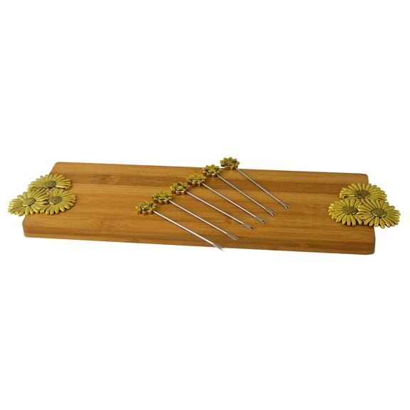 Daisy Themed Bamboo Cheese Board Set with 6 Prongged Picks Charcuterie Set