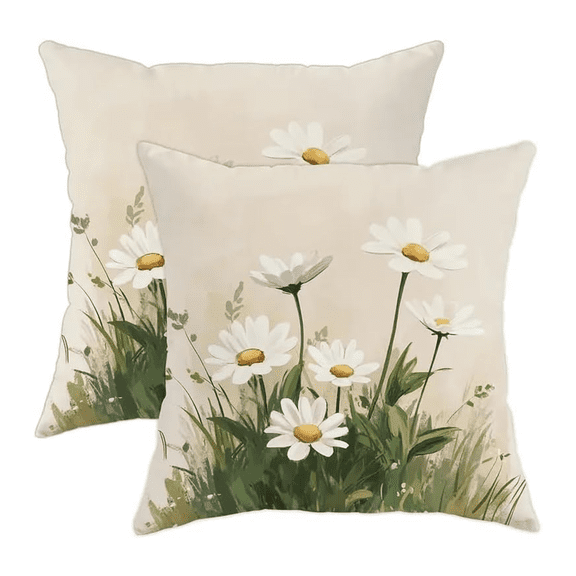 Daisy Throw Pillow Covers Set of 2, Beige Floral Decorative Cushion Covers 18x18 Inch, Watercolor Wildflower Pillowcases for Sofa Couch Bed Living Room, Farmhouse Spring Home Decor, Hidden Zipper