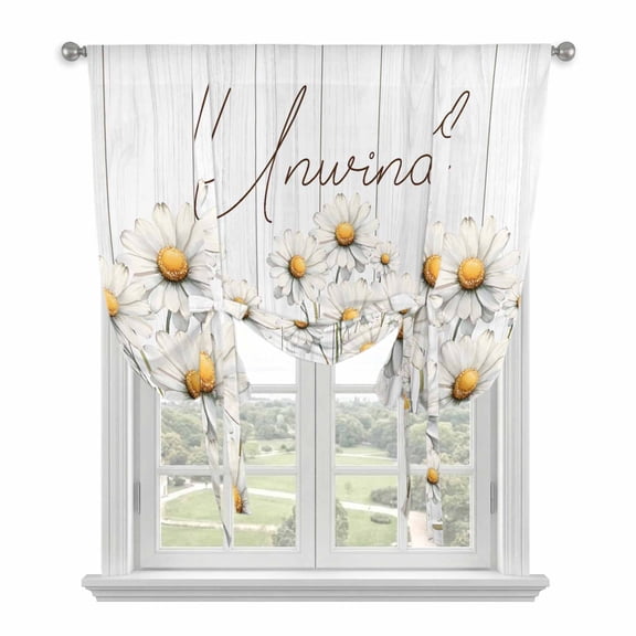 Daisy Tie Up Curtains Window Shades, Watercolor Flowers Vintage Wood Grain Rod Pocket Tie Up Window Shade Adjustable Balloon Curtain Shade for Blinds Kitchen Bathroom, 1 Panel, 46"x63"