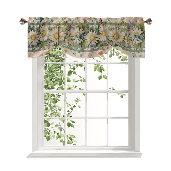 Daisy Tie Up Valances Curtain, Watercolor Spring Floral Butterfly Blue ...