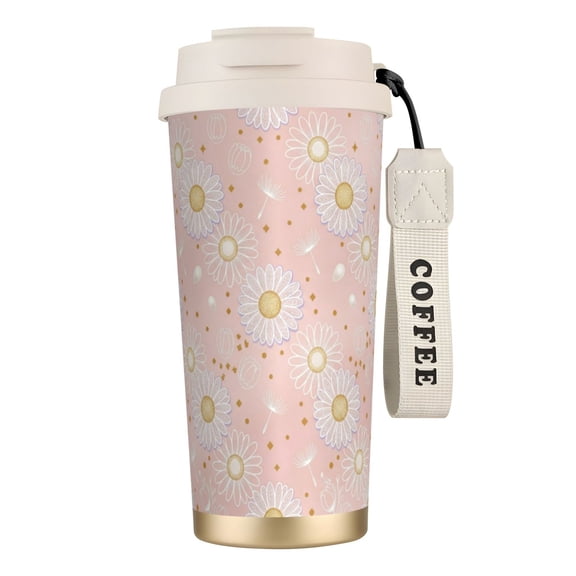 Daisy Tumbler 18oz Minimalist White Daisy on Pink, Leak-proof Aesthetic Travel Cup