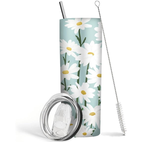 Daisy Tumbler 20 oz Travel Coffee Mug Daisy Skinny Tumblers with Lid and Straw Stainless Steel Insulated Coffee Cups Daisy Lovers Gifts for Women Girls