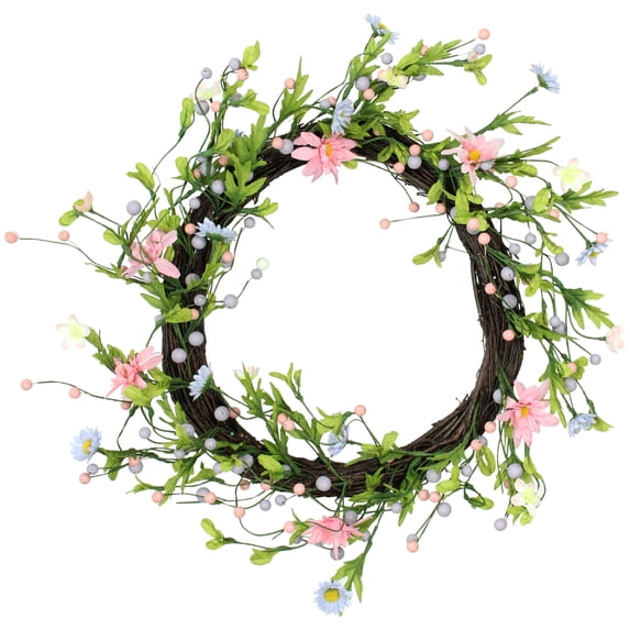 Daisy Twig Artificial Floral Wreath, Green and Pink 15-Inch