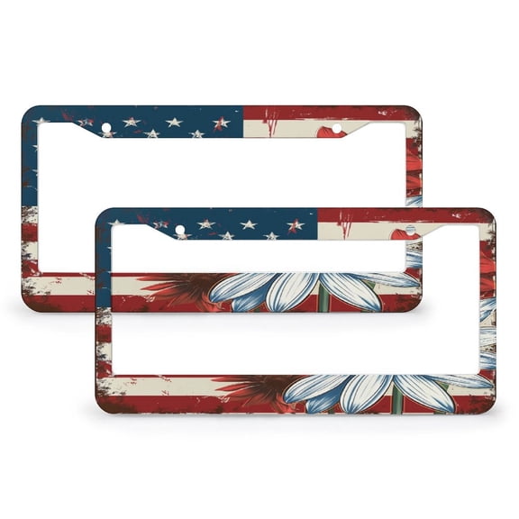 Daisy with USA American Flag License Plate Frames 2 Pack Patriotic Memorial Day Personalized License Plate Frame for Us Standard Vehicles 2 Round Holes Stainless Aluminum License Plate Frame
