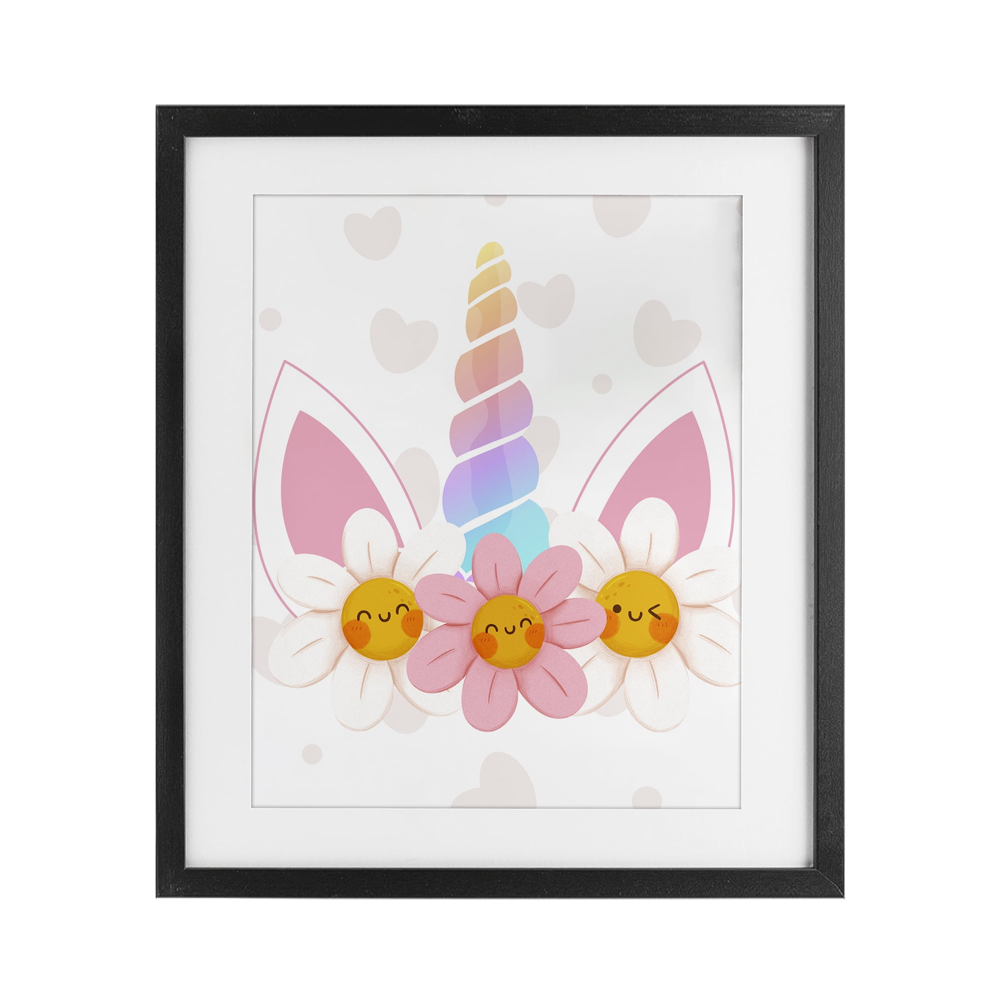 Daisy Unicorn with Hearts Black Framed Print Under Glass, design by Jesse Keith