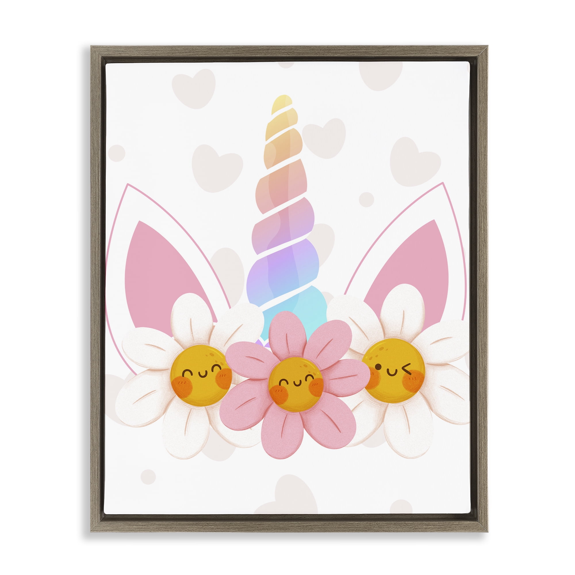 Daisy Unicorn with Hearts Brown Framed Floater Canvas Wall Art, design by Jesse Keith