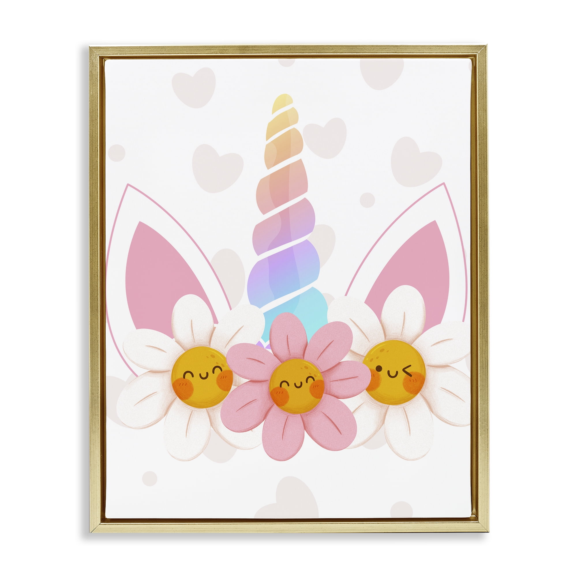 Daisy Unicorn with Hearts Gold Framed Floater Canvas Wall Art, design by Jesse Keith