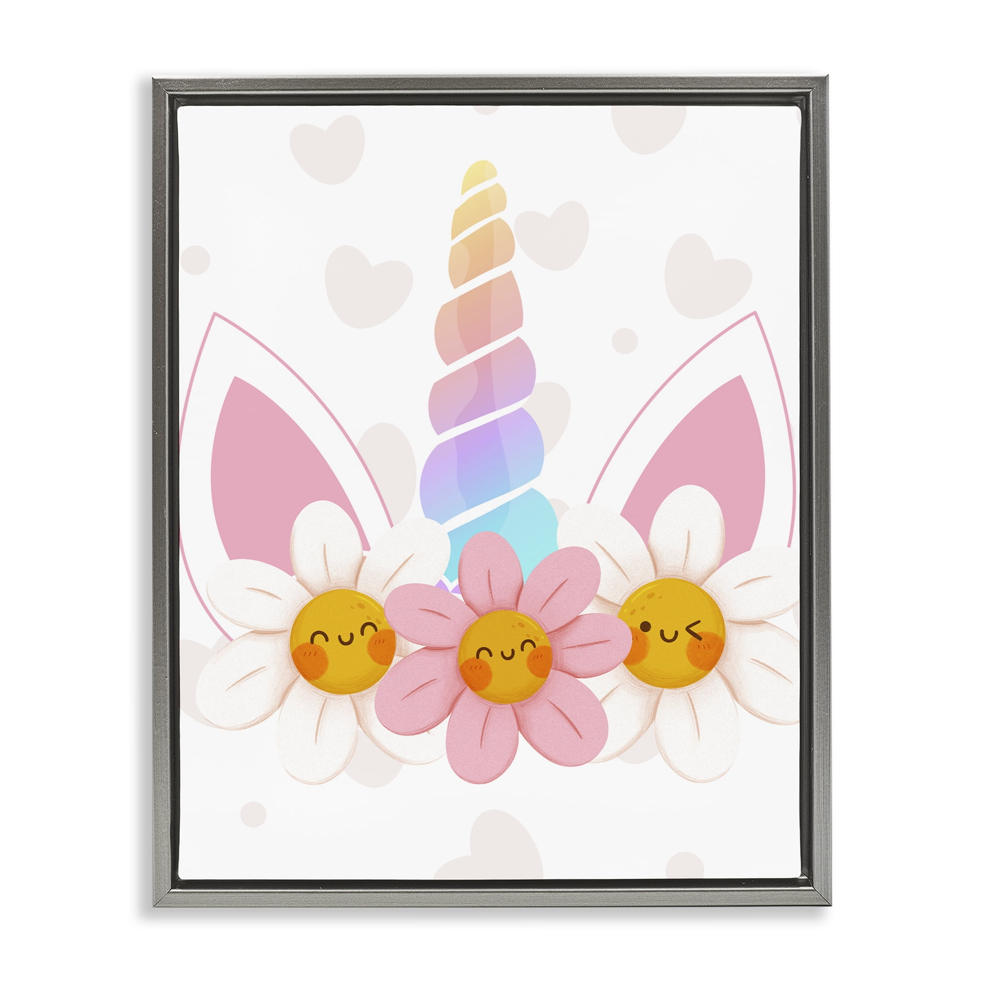 Daisy Unicorn with Hearts Gray Framed Floater Canvas Wall Art, design by Jesse Keith