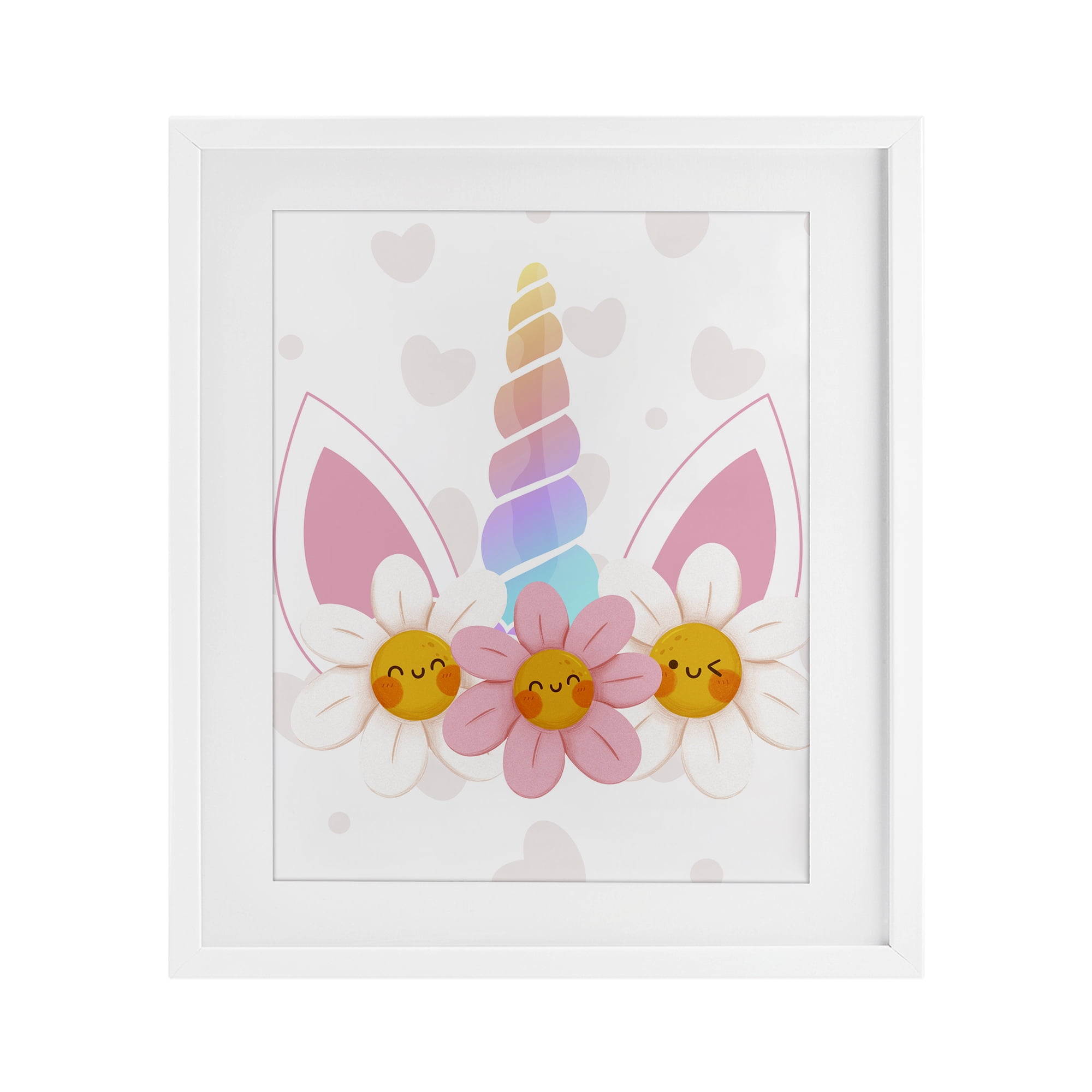 Daisy Unicorn with Hearts White Framed Print Under Glass, design by Jesse Keith