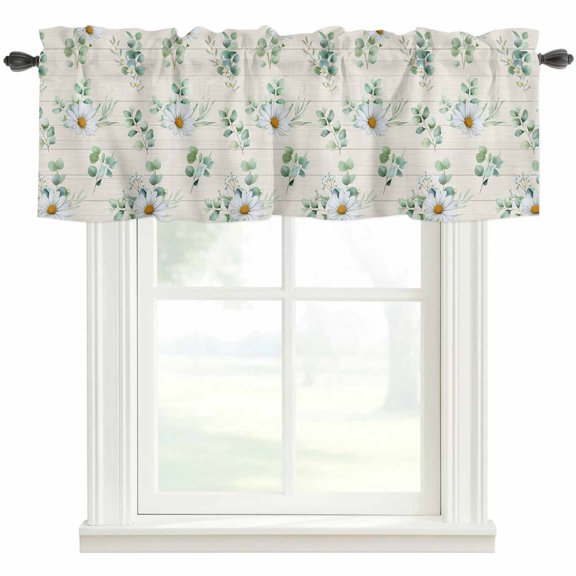 Daisy Valances for Windows Farmhouse Kitchen Curtains Valances Rod Pocket Valance Curtains for Windows Spring Floral Eucalyptus Leaves Botanical Beige Window Valances for Bathroom Bedroom 42"x12"