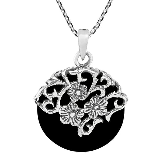 Daisy Vines Adorned Black Onyx Circle Disc Sterling Silver Necklace