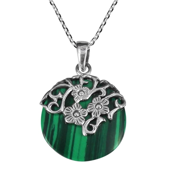 Daisy Vines Adorned Malachite Disc Sterling Silver Necklace