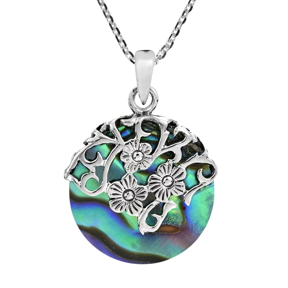 Daisy Vines Adorned Rainbow Abalone Circle Disc Sterling Silver Necklace