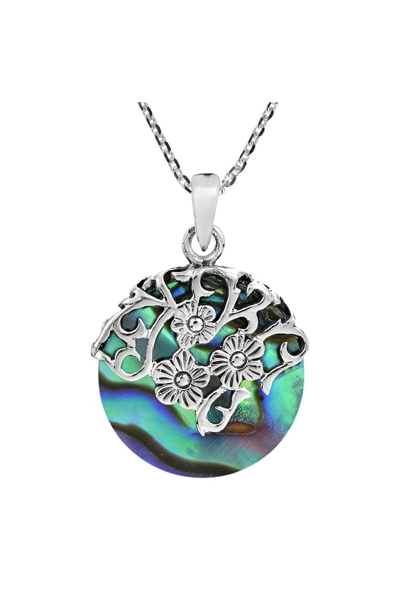 Daisy Vines Adorned Rainbow Abalone Circle Disc Sterling Silver Necklace