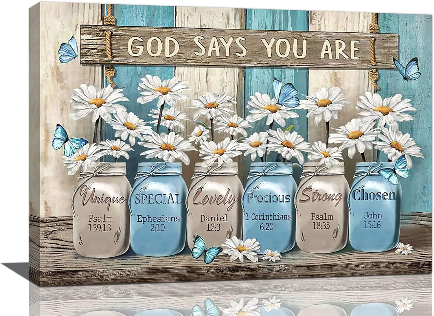 Daisy Wall Art Christian Bible Verses Wall Decor Blue Daisy Butterfly ...