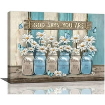 Daisy Wall Art Christian Bible Verses Wall Decor Blue Daisy Butterfly Bathroom Pictures Painting Canvas Print Home Decoration For Living Room Kitchen Bathroom Bedroom Framed 16"x12"