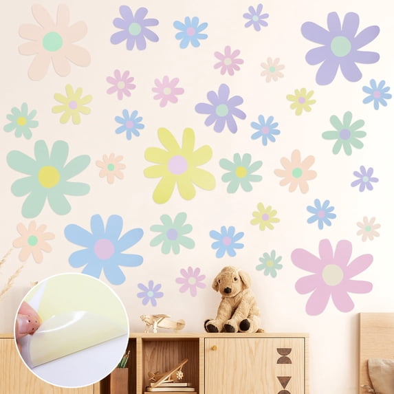 Daisy Wall Decal Flower Wall Sticker Cute Daisy Sticker Multicolor Flower Decal Peel and Stick Floral Wallpaper for Nursery Bedroom Home Decor 12 Sheets Multicolor