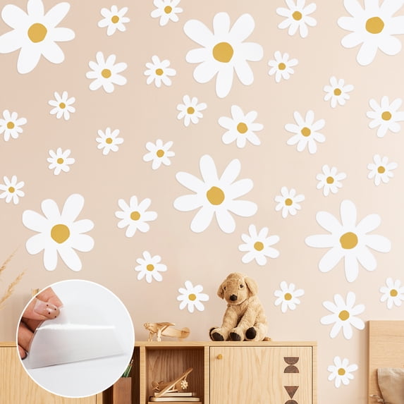 Daisy Wall Decal Flower Wall Sticker Cute Daisy Sticker White Flower Decal Peel and Stick Floral Wallpaper for Nursery Bedroom Home Decor 12 Sheets White