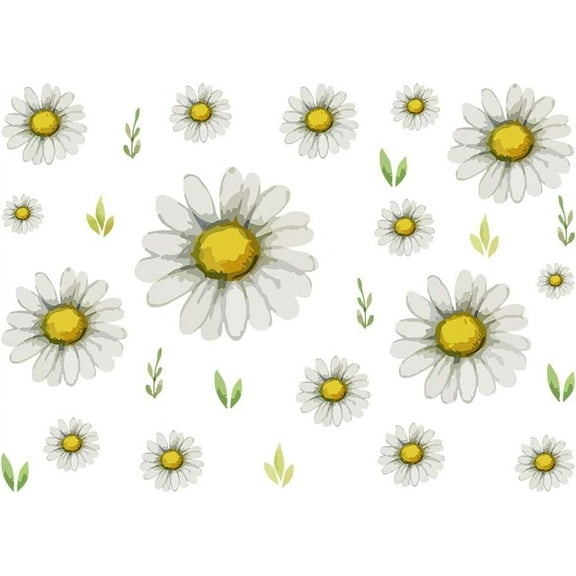 Daisy Wall Decal Green Branches Vinyl Wall Sticker White &Yellower Daisy Decals Peel and Stick Wall Decor