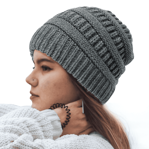 Daisy Warm Winter Slouchy Knit Round Satin Lining Hat Cozy Head Cap Mens and Womens - Dark Gray