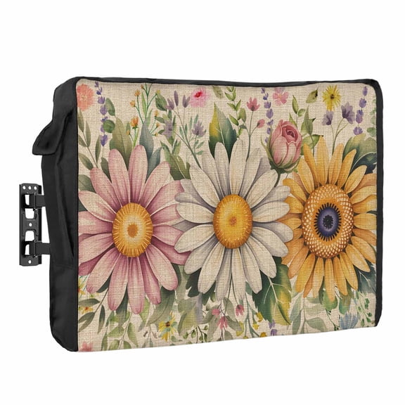 Daisy Waterproof Outdoor TV Cover, Watercolor Spring Pink White Yellow Floral Linen Texture Outside Weatherproof TV Enclosures for 30 to 32 Inch LCD Television Shield Flat Screen Protectors