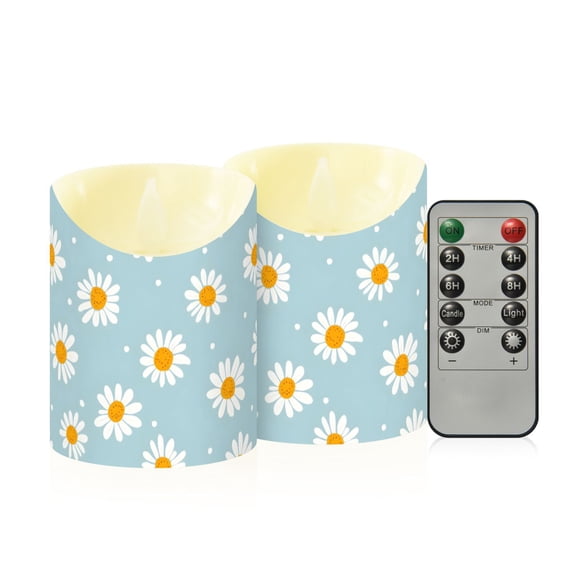 Daisy White Dots Pattern Flameless Candles 2 PCS with Remote Realistic Moving Flame LED Tapered Pillar Set for Home Decor