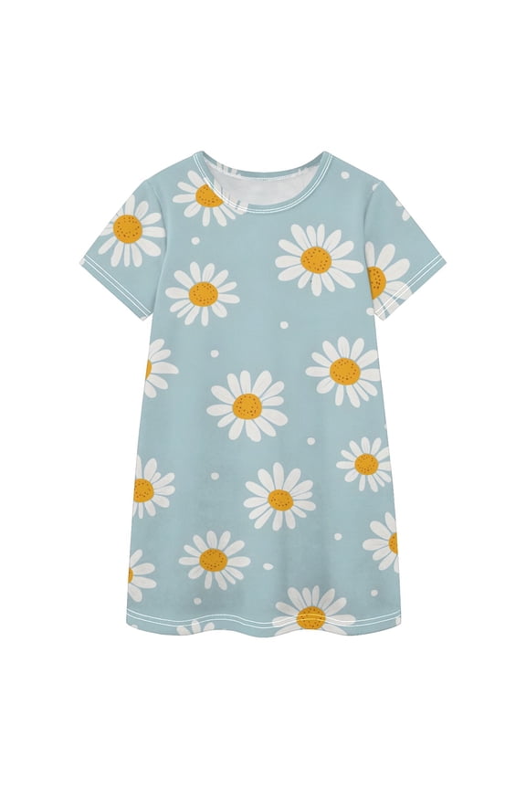 Daisy White Dots Pattern Girls' Casual Dresses Short Sleeve Cotton Dress for School Daily Wear 7-8Y
