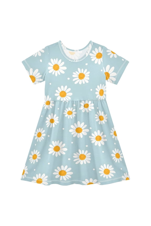 Daisy White Dots Pattern Girls Short Sleeve Dress A Line Sun Protection Breathable Comfort Sundress 2T