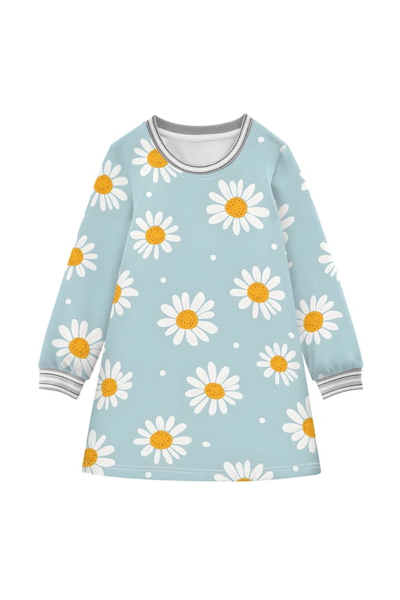 Daisy White Dots Pattern Girls'long-sleeved dress Thickened A-dress Warm Dress Basic Shirt Party Dresses