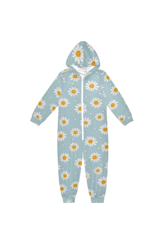 Daisy White Dots Pattern One Piece Pajamas Soft Jumpsuit Cozy Sleep and Play Romper Zipper and Pockets 13Y-14Y