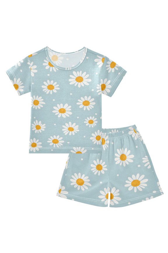 Daisy White Dots Pattern Summer Pajama Set Soft Cotton Short Sleeve Sleepwear 2PCS Pajama Sets Breathable Lounge Set Size 10Y