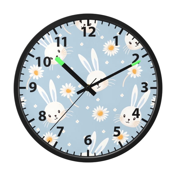 Daisy White Rabbit Pattern Wall Clock 12 Inch Voice Activated Night Light Silent Non Ticking