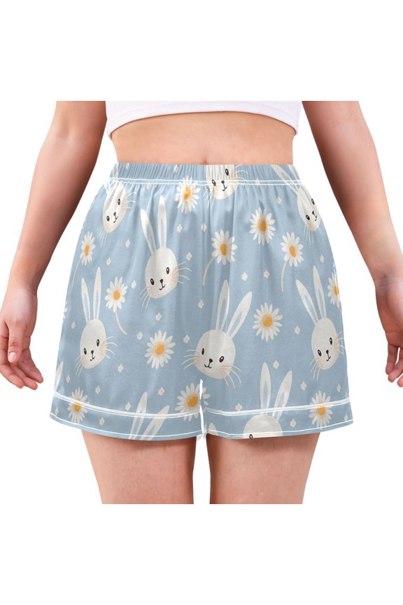 Daisy White Rabbit Pattern Women's Pajama Shorts Silky Satin Casual Lounge Sleep Zero Pressure