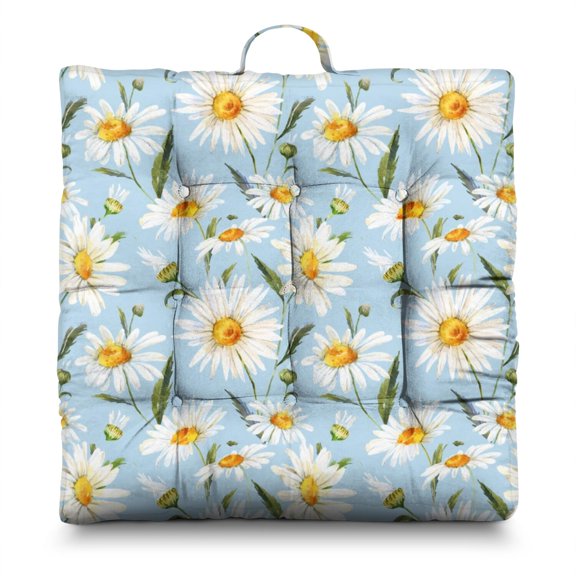 Daisy Wildflower Floor Sitting Pad - 24" Square Yoga Meditation Cushion, Fluffy & Resilient, Boho Daisy Design