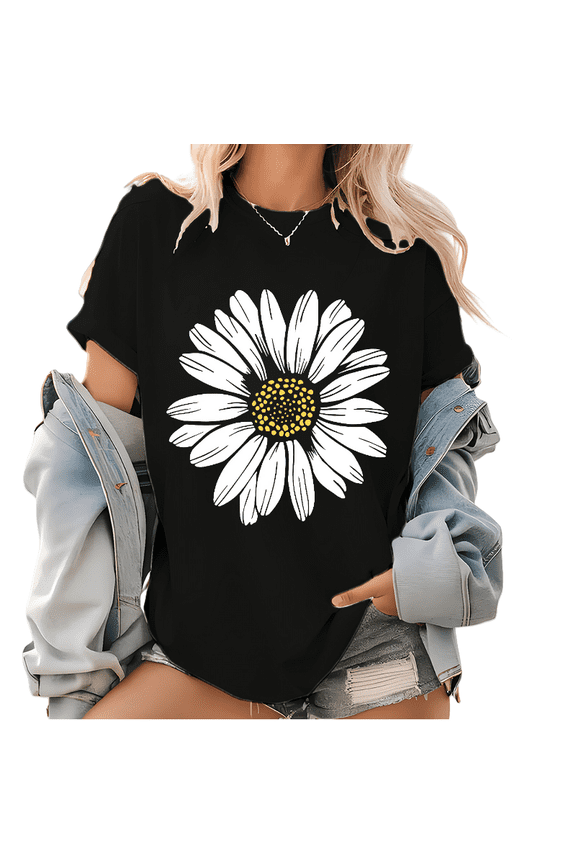 Daisy Wildflower Graphic Womens T Shirt Flower Spring Break Print Tees Short Sleeve Cotton Tops Black,4XL
