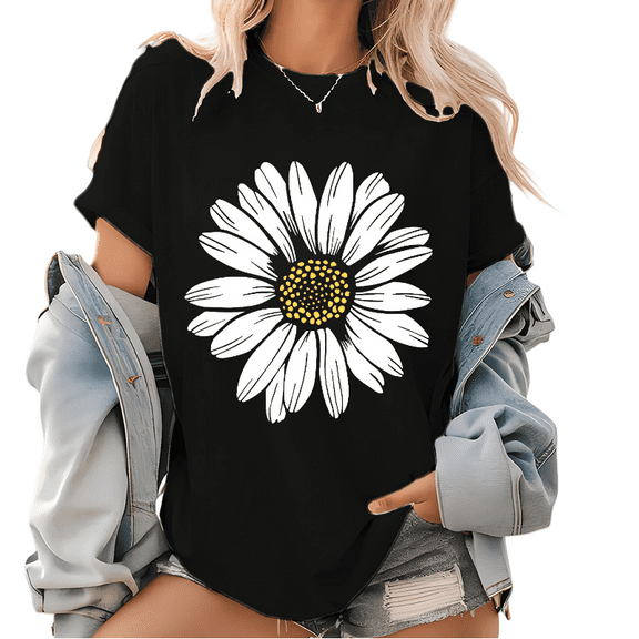 Daisy Wildflower Graphic Womens T Shirt Flower Spring Break Print Tees Short Sleeve Cotton Tops Black,L