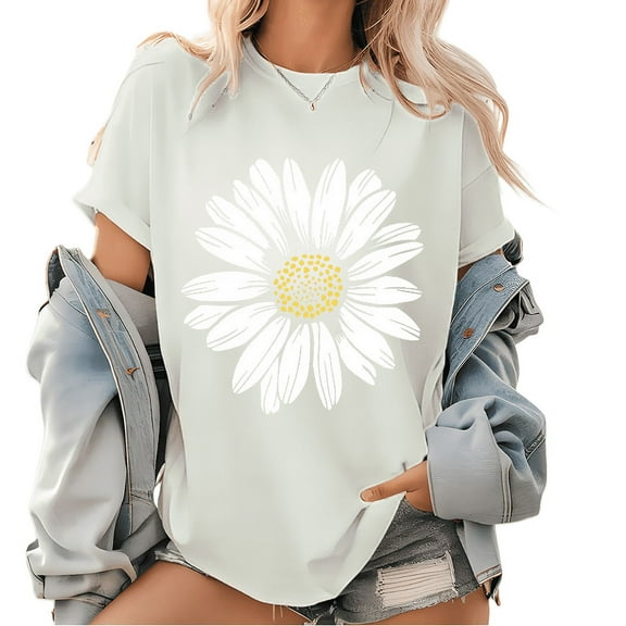 Daisy Wildflower Graphic Womens T Shirt Flower Spring Break Print Tees Short Sleeve Cotton Tops White,2XL
