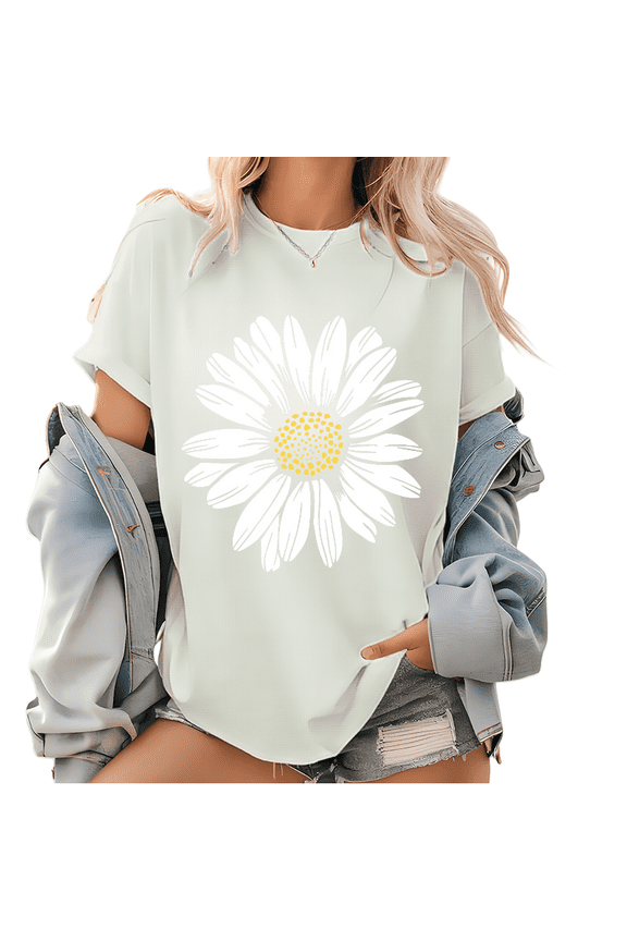 Daisy Wildflower Graphic Womens T Shirt Flower Spring Break Print Tees Short Sleeve Cotton Tops White,4XL