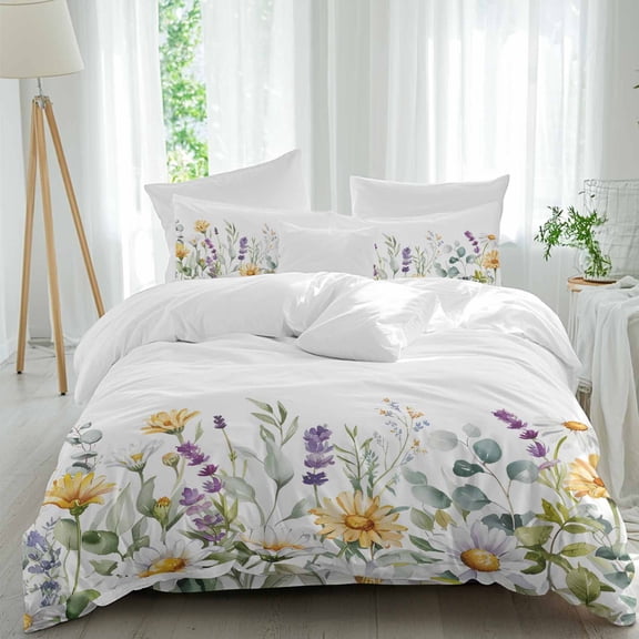 Daisy Wildflowers Twin Size Comforter Set, Lavender Eucalyptus Leaves Pastoral Plant Bedding for All Seasons, 4 Pcs Bed Set, 1 Quiltcover (68"x86") ,1Sheet(67"x116"), 2Pillowcases (30"x20")