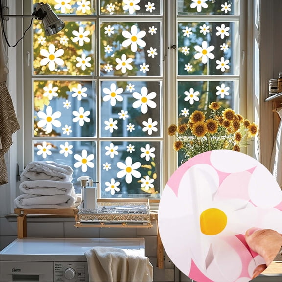 Daisy Window Decals, 6 Sheets, 72 Pieces, White Flower Stickers Peel and Stick Vinyl Wall Stickers for Kids Bedroom Classroom Living Room Nursery