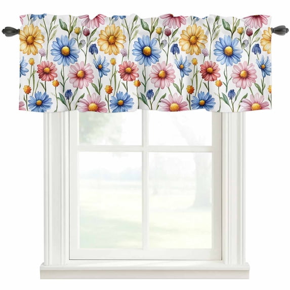 Daisy Window Valance Curtain Watercolor Flowers Rod Pocket Short Curtain for Living Room, Bedroom & Kitchen Window Decor 60x18in